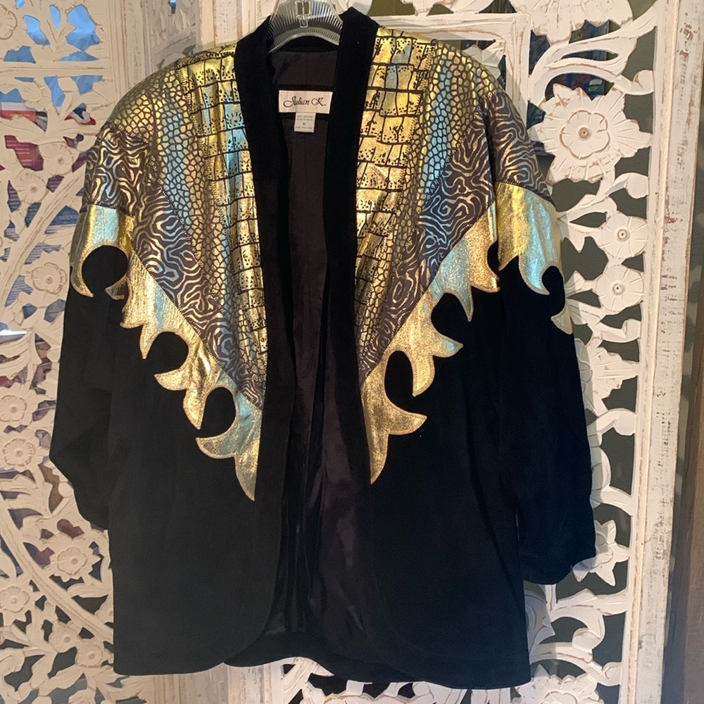 Stunning Retro Julian K Suede & Leather Jacket With Bold Black + Gold Accents  M